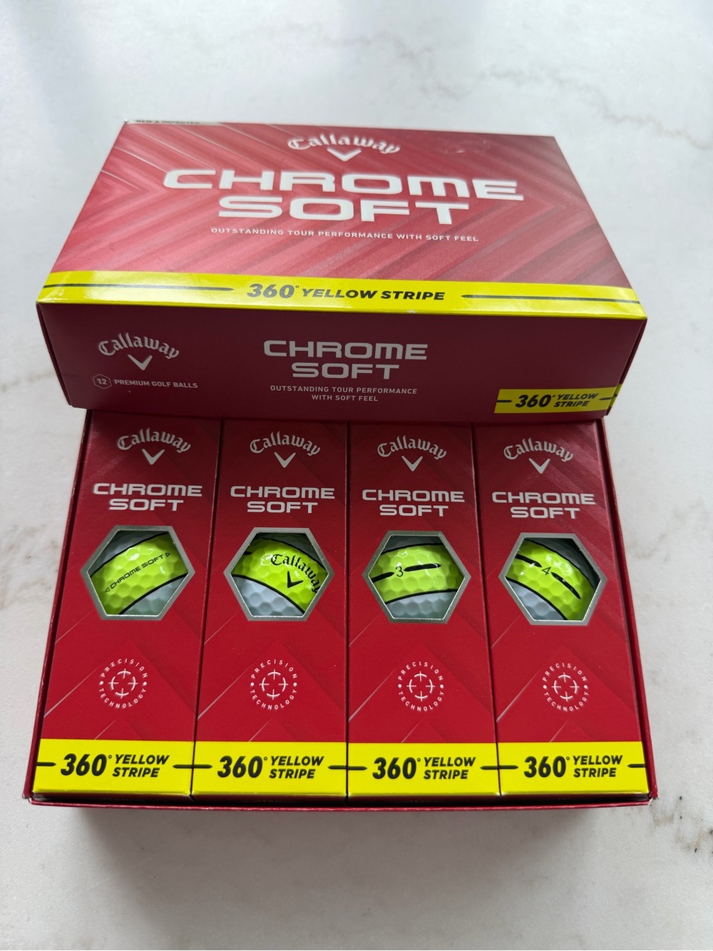 Callaway Chrome Soft 360 Yellow Stripe Golf Ball 2025, 4 Sleeves, Box of 12, NIB